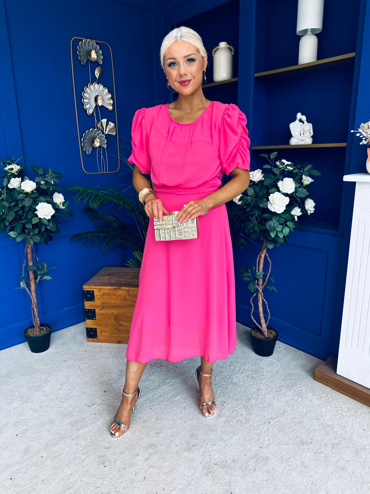 Laoise Puff Sleeve Banded Midi Dress Cerise