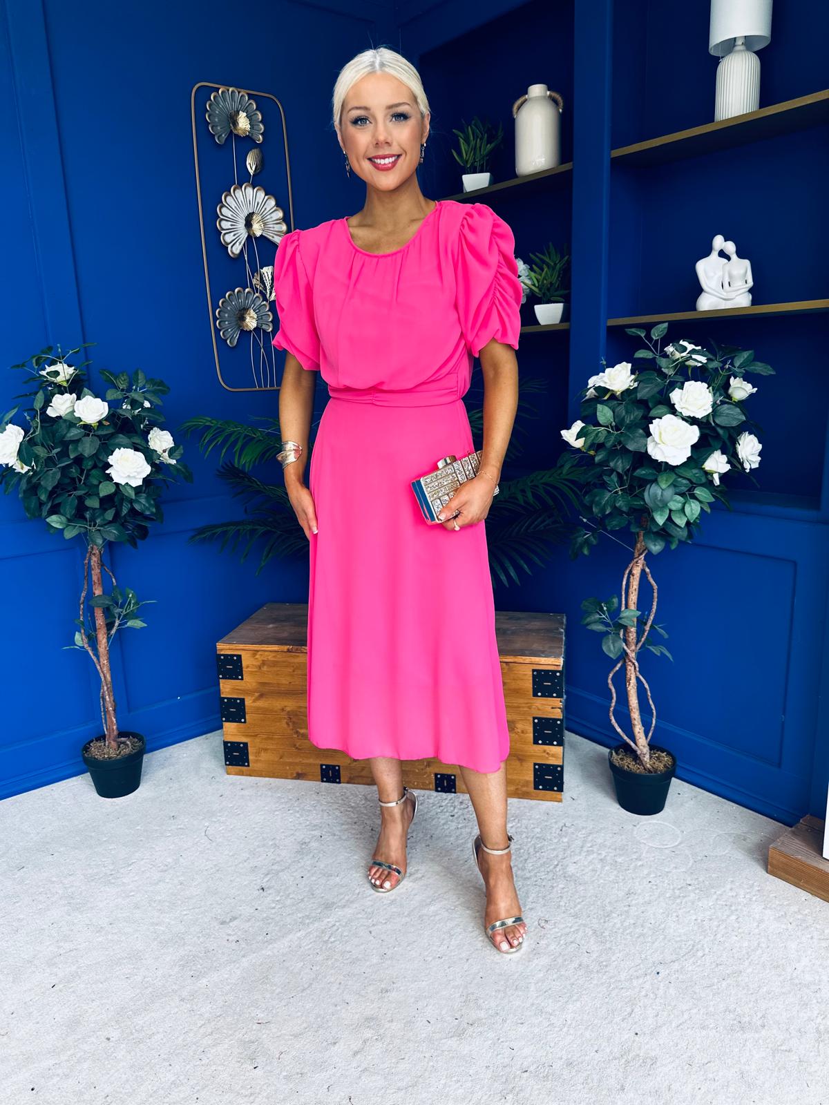Laoise Puff Sleeve Banded Midi Dress Cerise