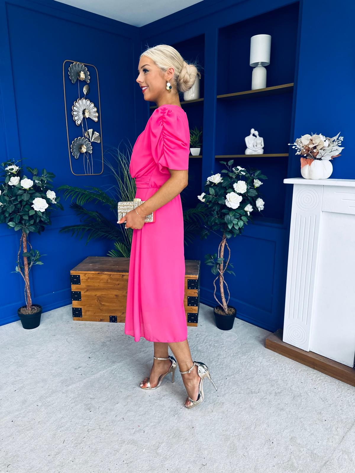 Laoise Puff Sleeve Banded Midi Dress Cerise