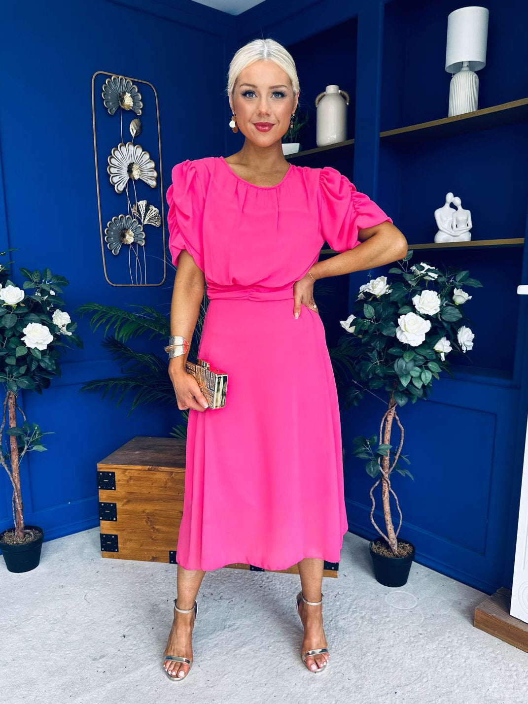 Laoise Puff Sleeve Banded Midi Dress Cerise
