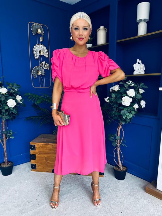 Laoise Puff Sleeve Banded Midi Dress Cerise