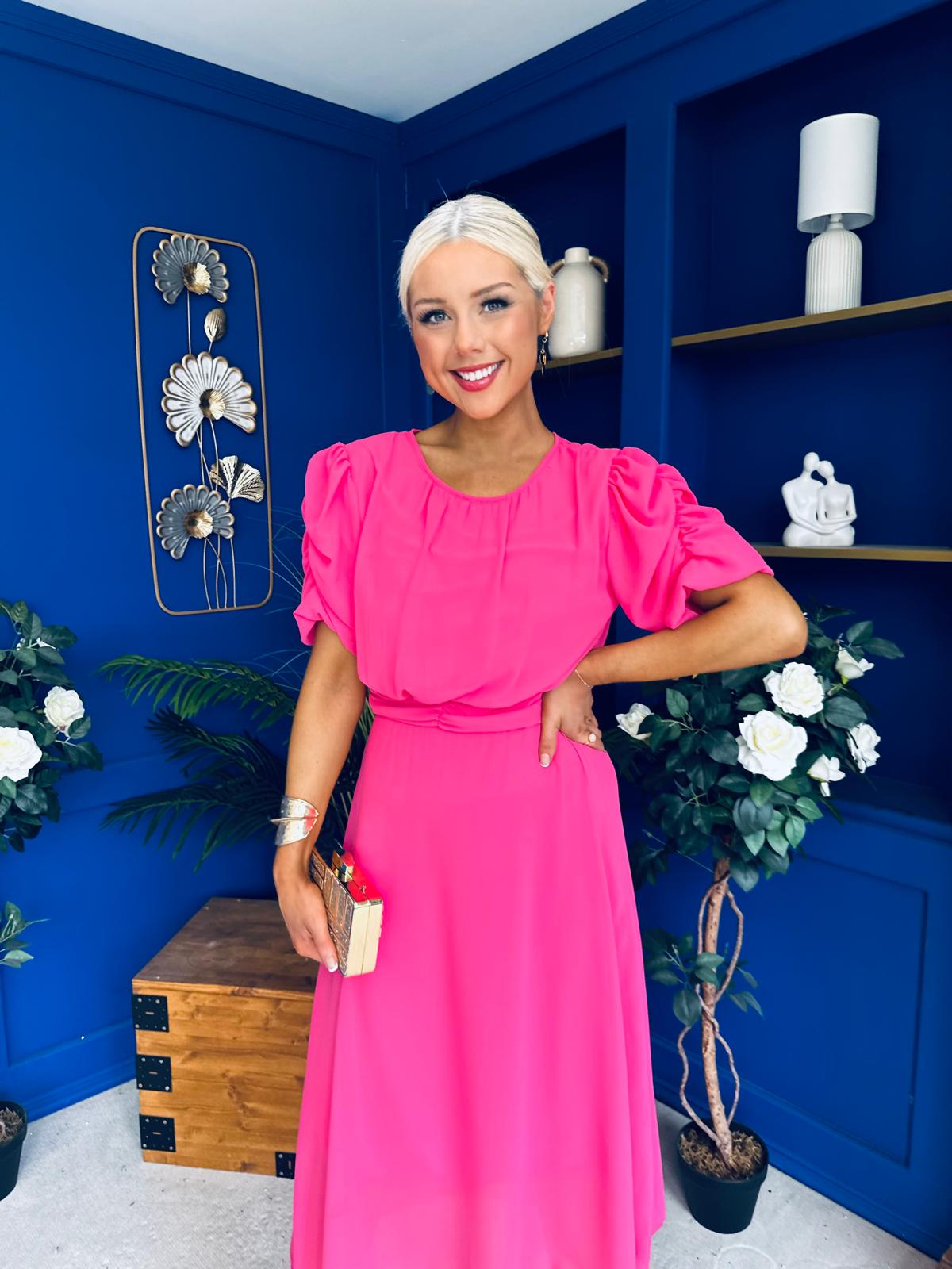 Laoise Puff Sleeve Banded Midi Dress Cerise