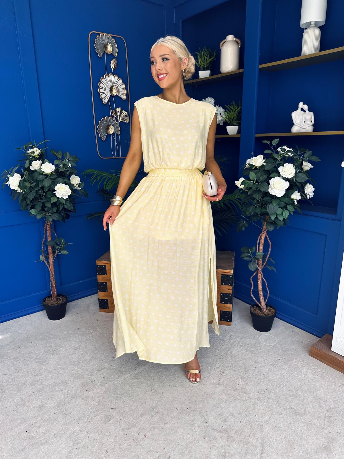 Briley Detailed Top & Skirt Set Polka Yellow