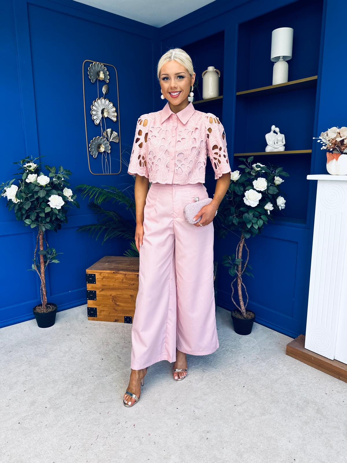 Gwen Detailed Crochet Top & Trouser Set Blush