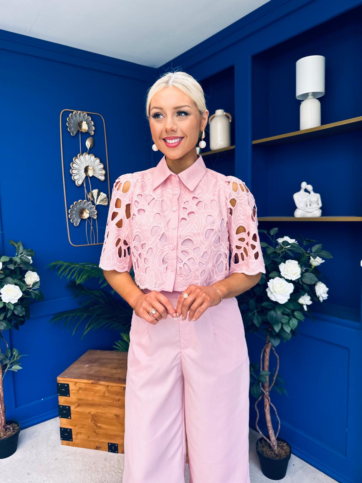 Gwen Detailed Crochet Top & Trouser Set Blush