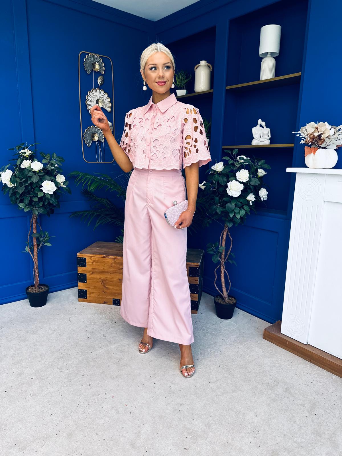 Gwen Detailed Crochet Top & Trouser Set Blush