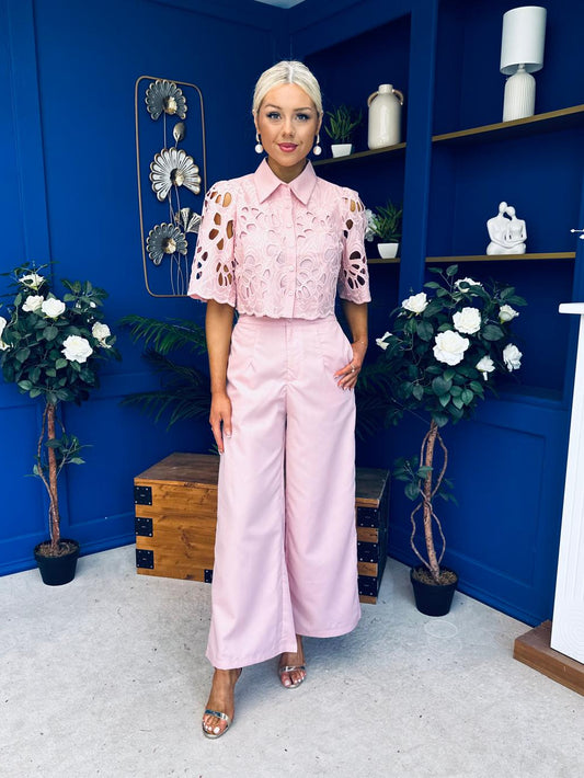 Gwen Detailed Crochet Top & Trouser Set Blush