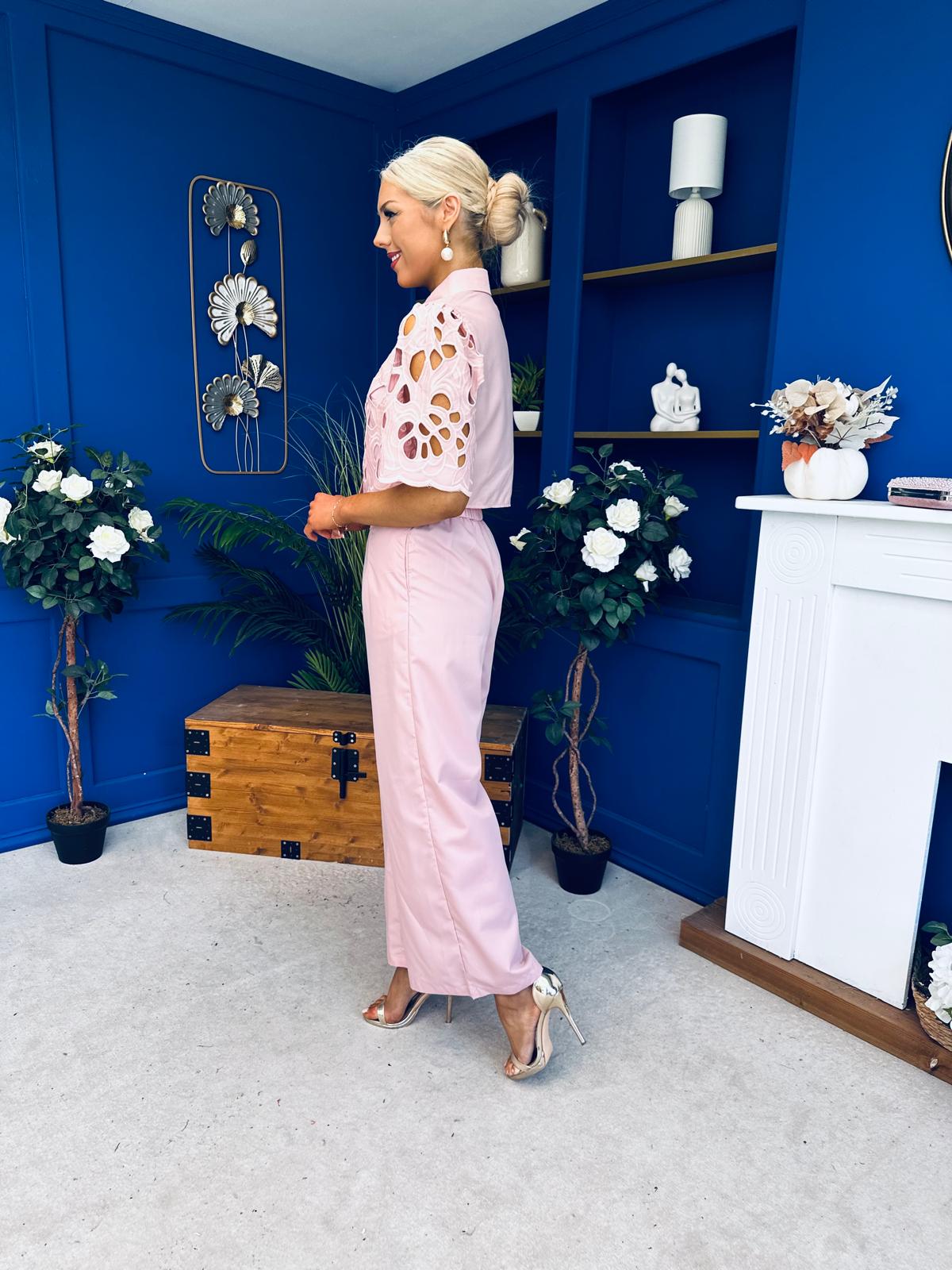 Gwen Detailed Crochet Top & Trouser Set Blush
