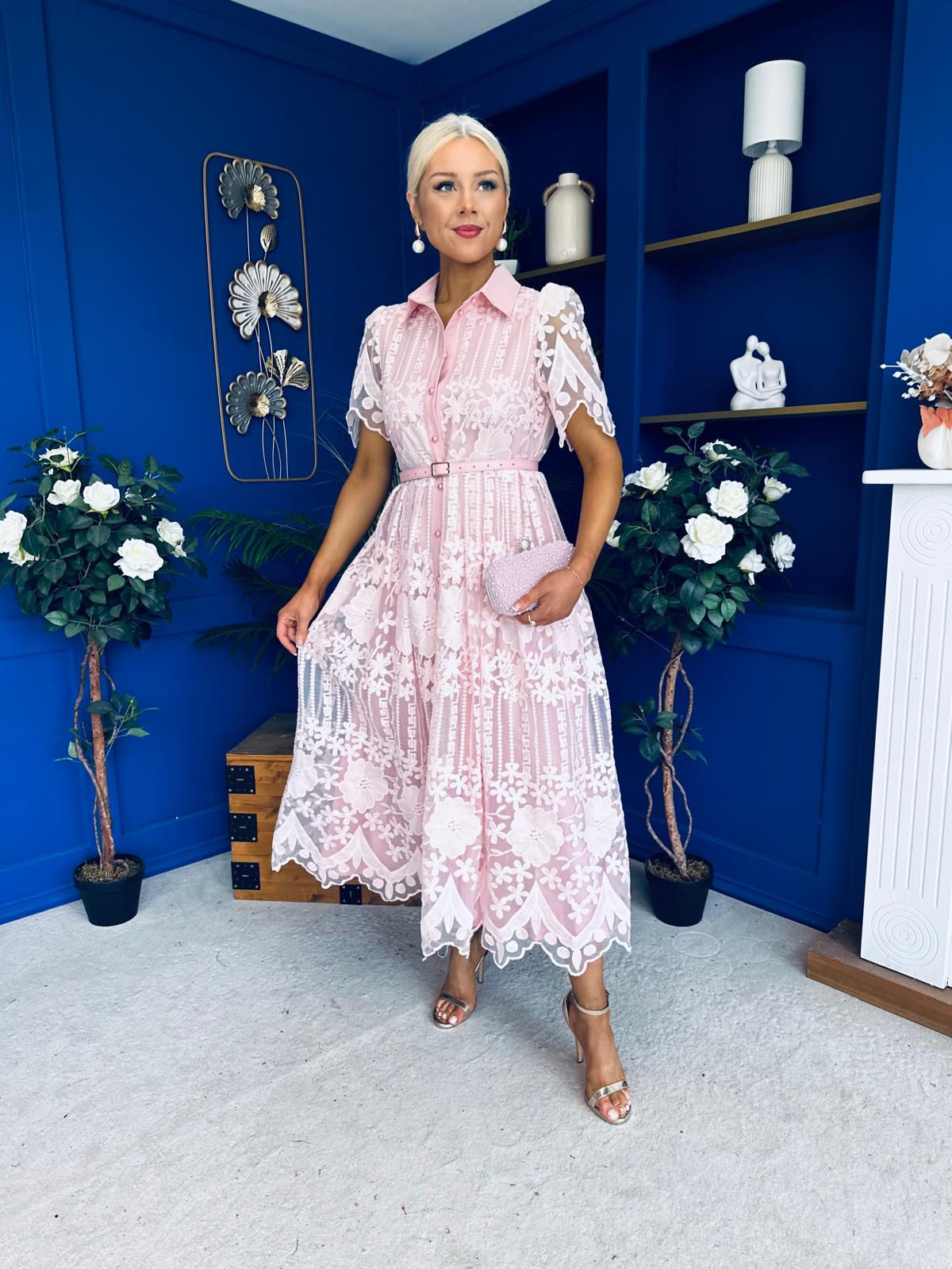 Aislinn Lace Detailed Shirt Midi Dress Pink