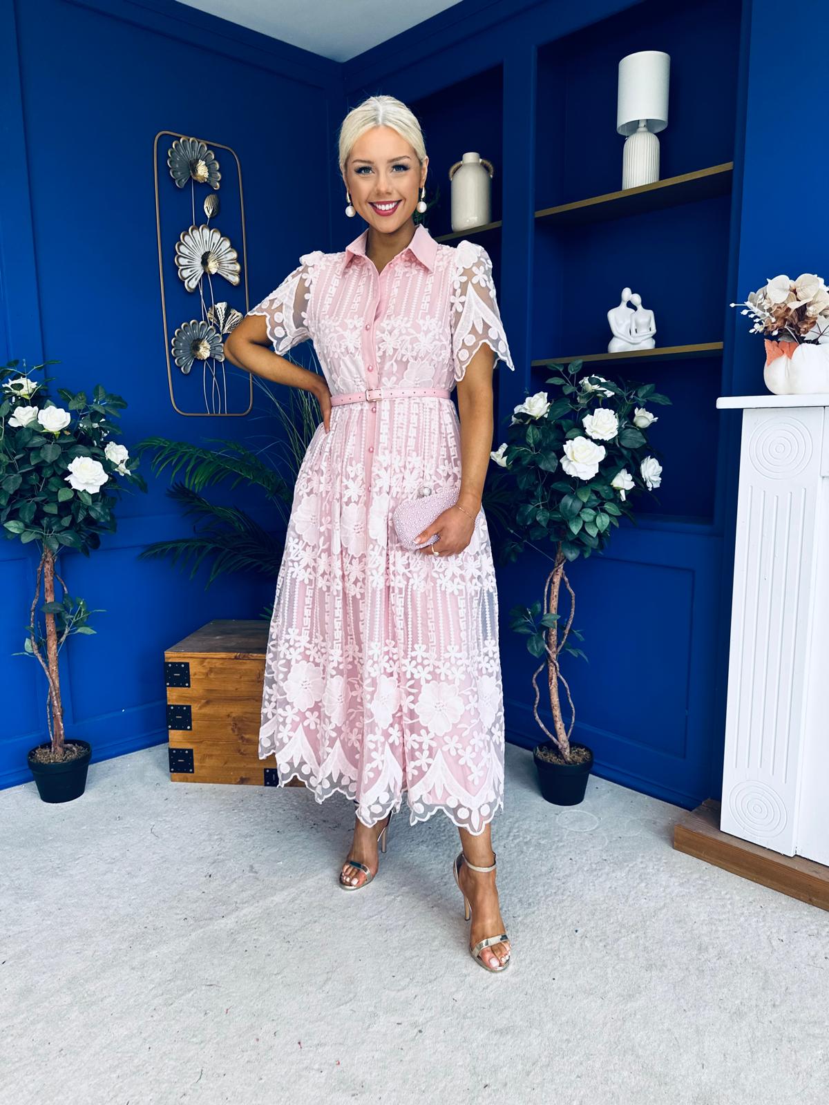 Aislinn Lace Detailed Shirt Midi Dress Pink