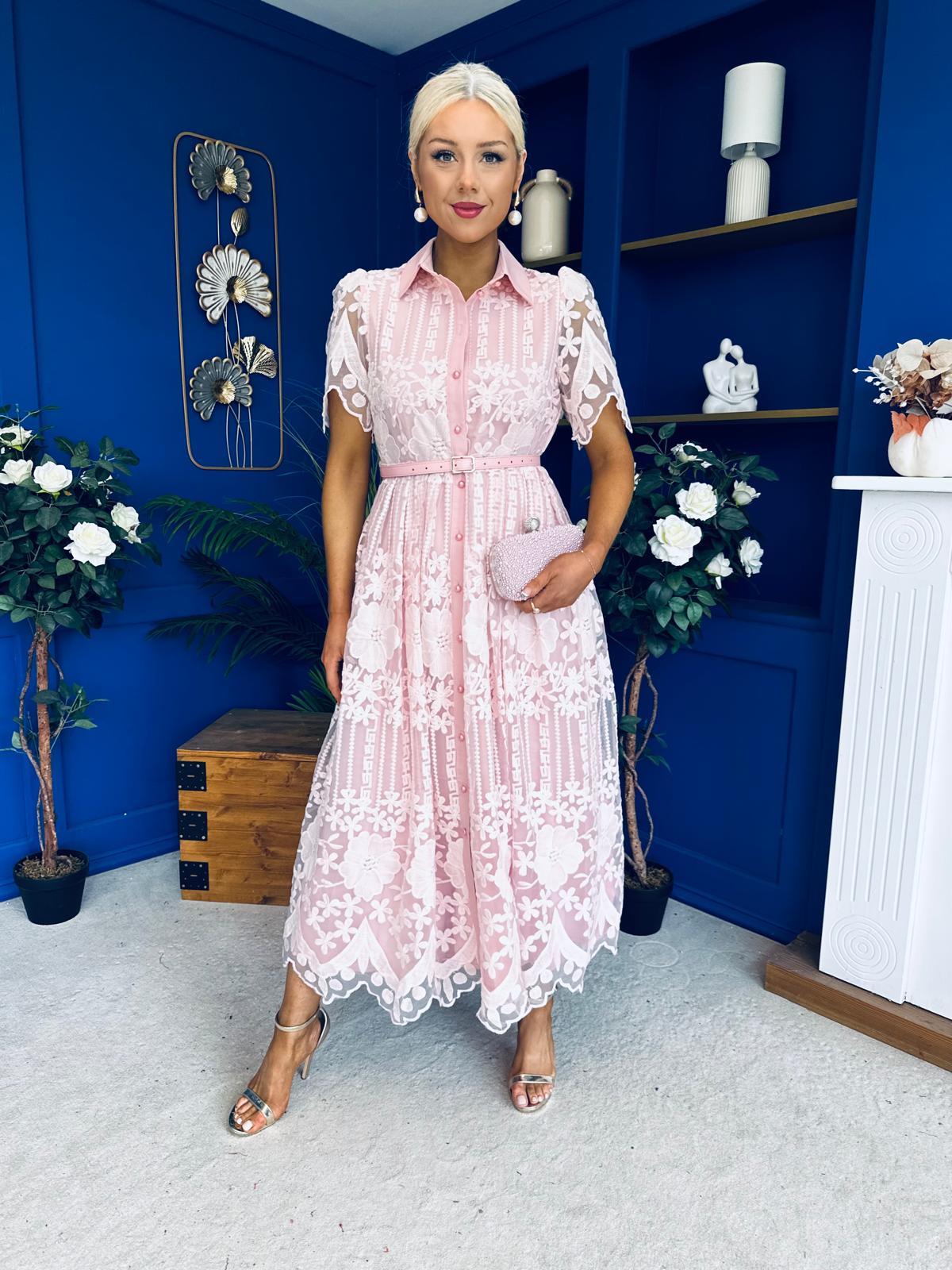 Aislinn Lace Detailed Shirt Midi Dress Pink