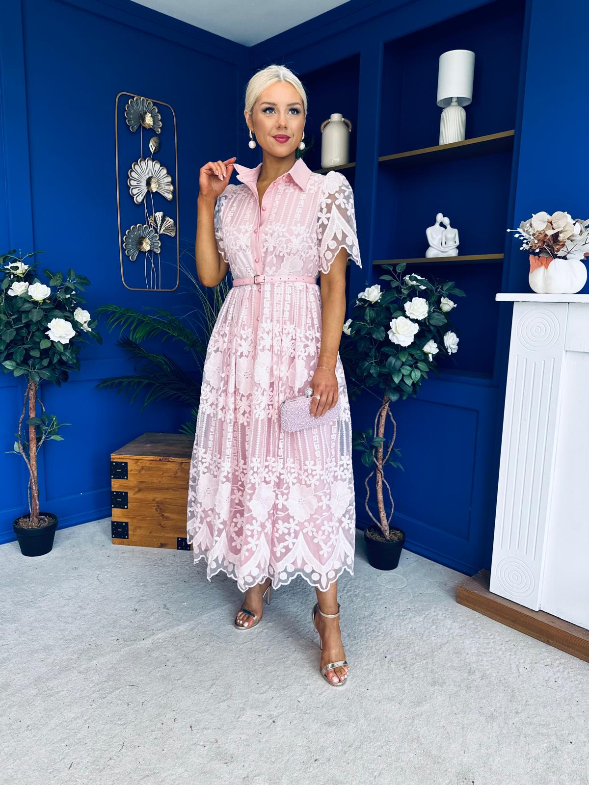 Aislinn Lace Detailed Shirt Midi Dress Pink