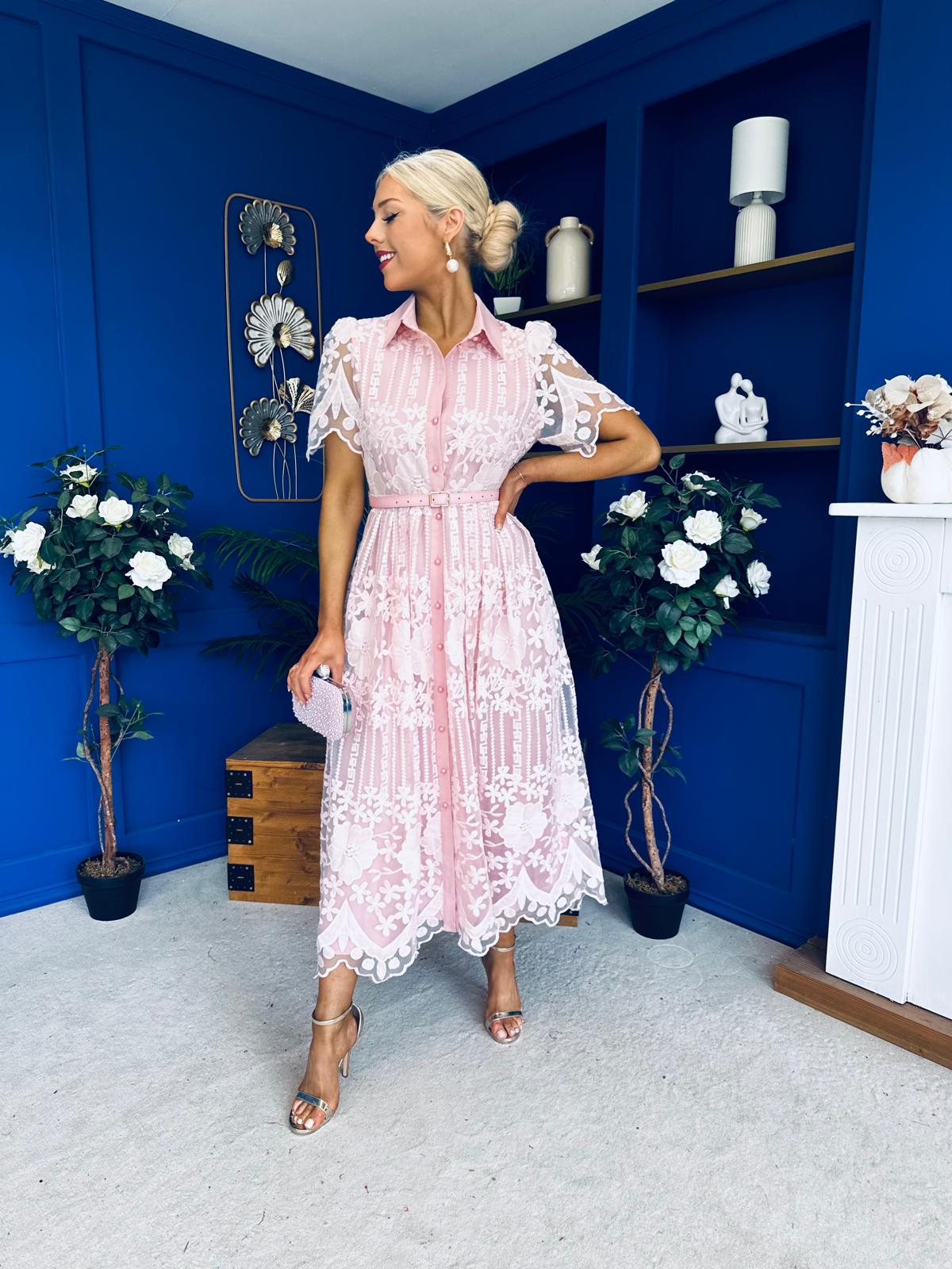 Aislinn Lace Detailed Shirt Midi Dress Pink