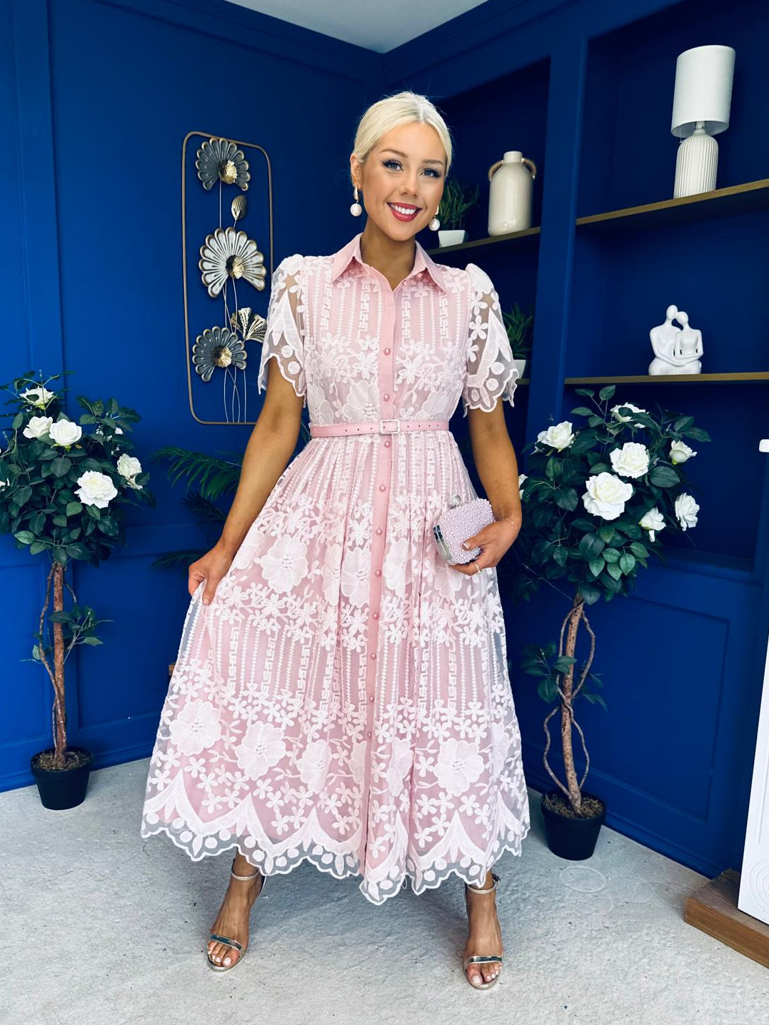 Aislinn Lace Detailed Shirt Midi Dress Pink
