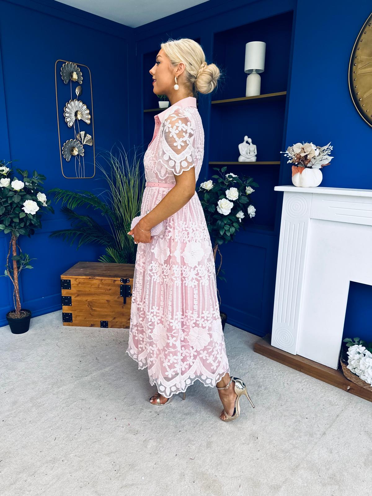 Aislinn Lace Detailed Shirt Midi Dress Pink