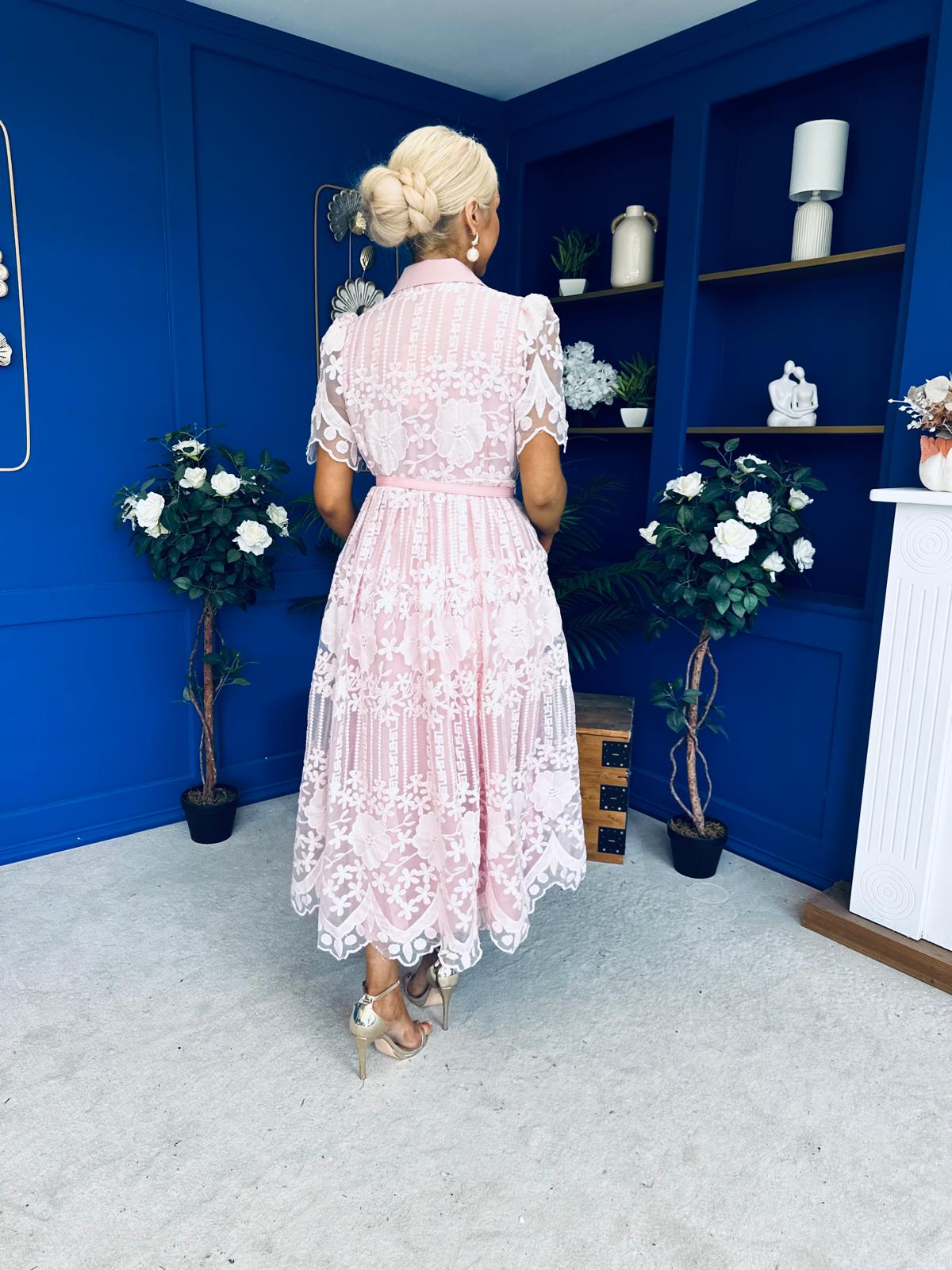 Aislinn Lace Detailed Shirt Midi Dress Pink
