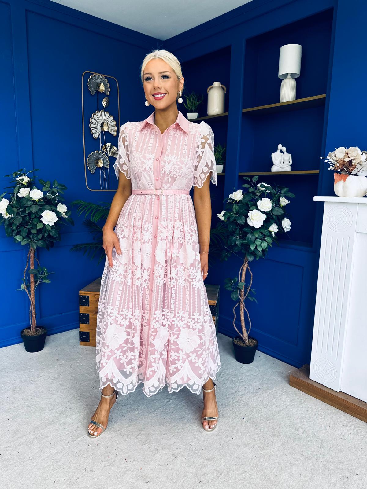 Aislinn Lace Detailed Shirt Midi Dress Pink