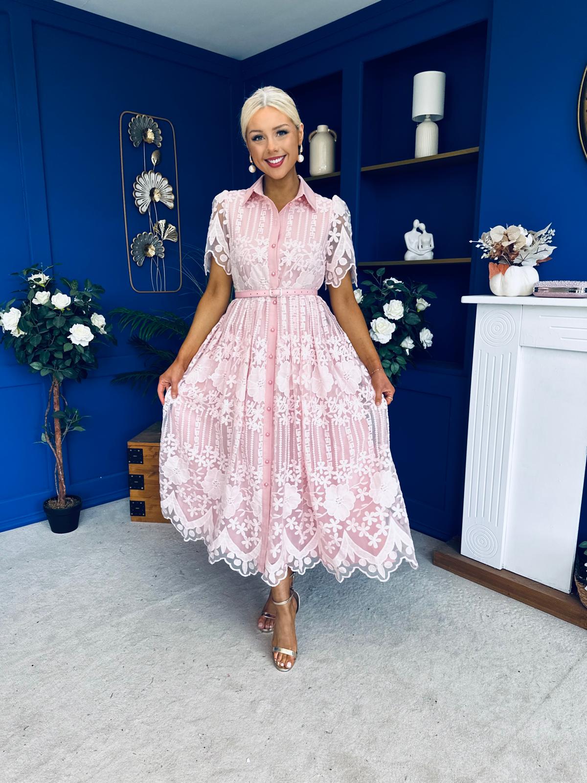 Aislinn Lace Detailed Shirt Midi Dress Pink
