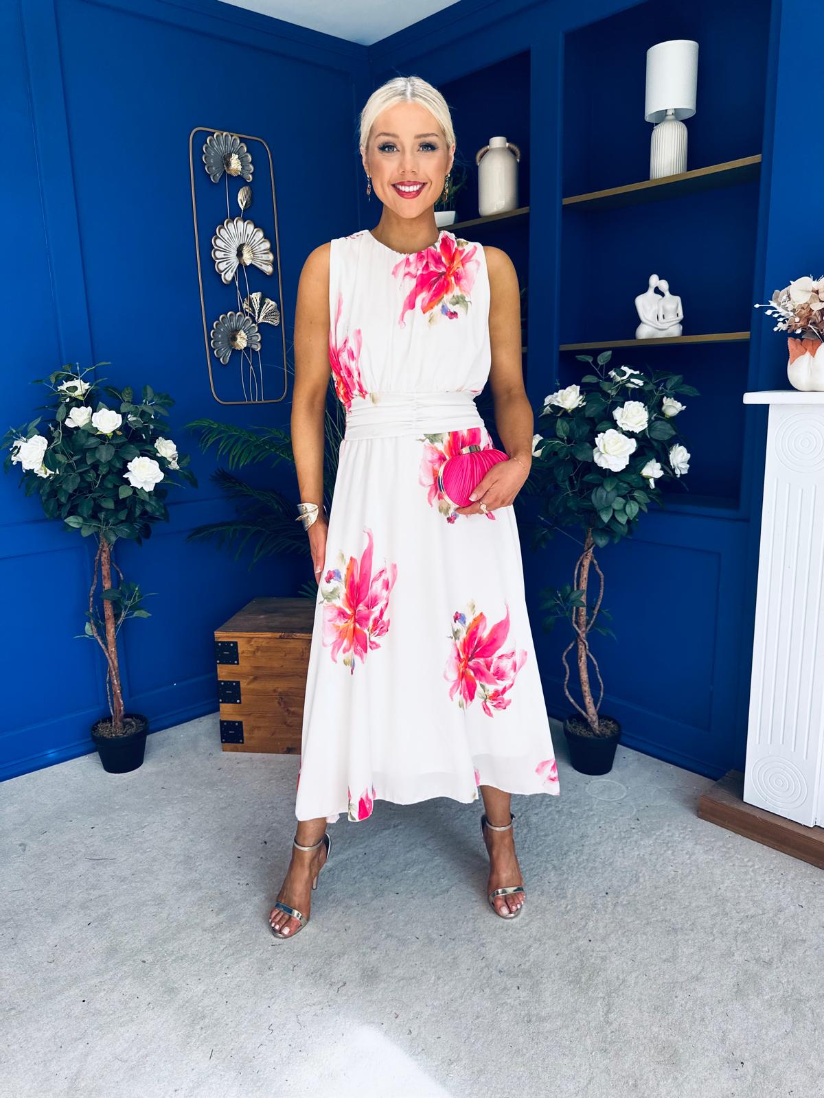 Layce Banded Midi Dress Floral Cream