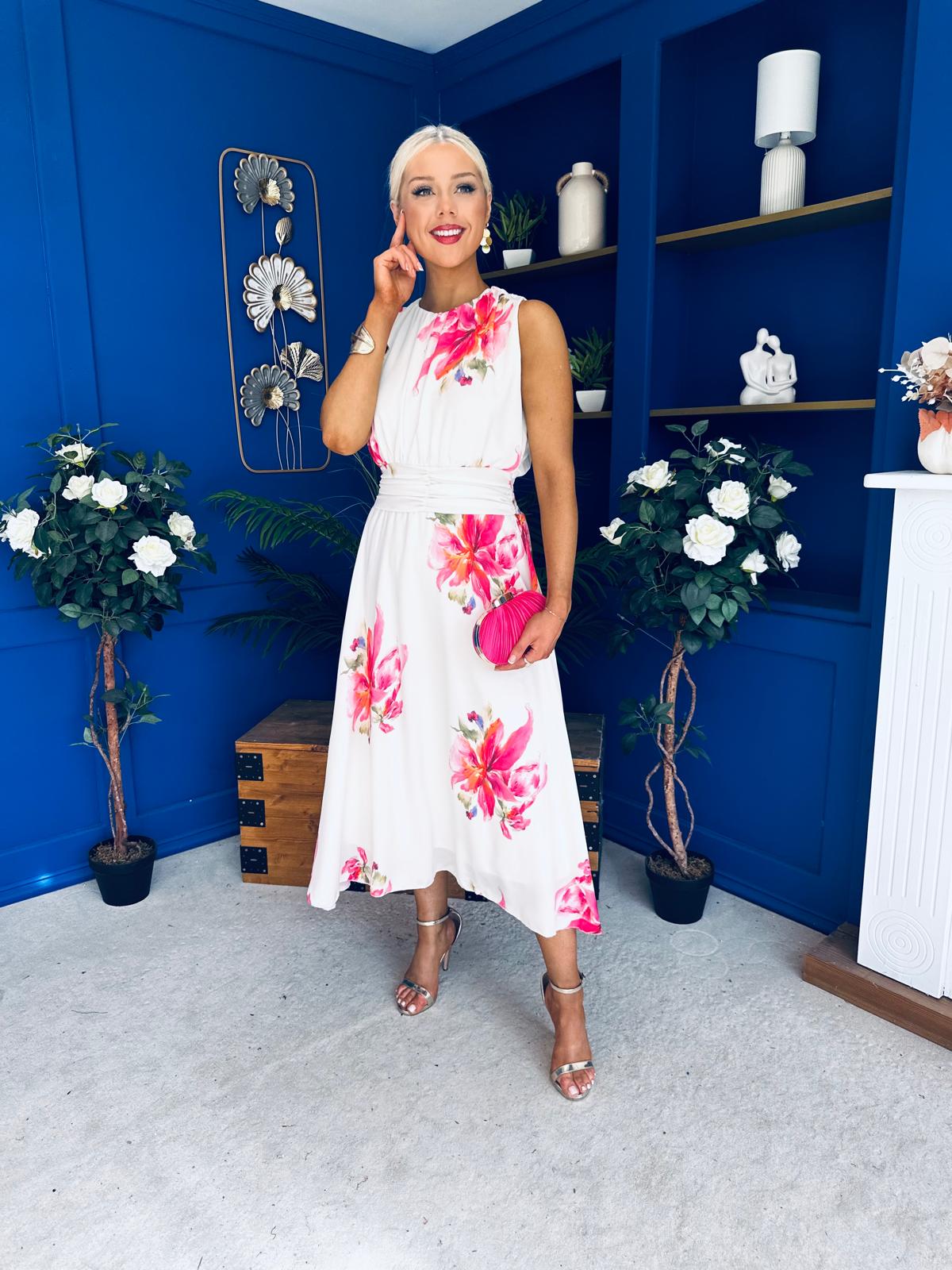 Layce Banded Midi Dress Floral Cream