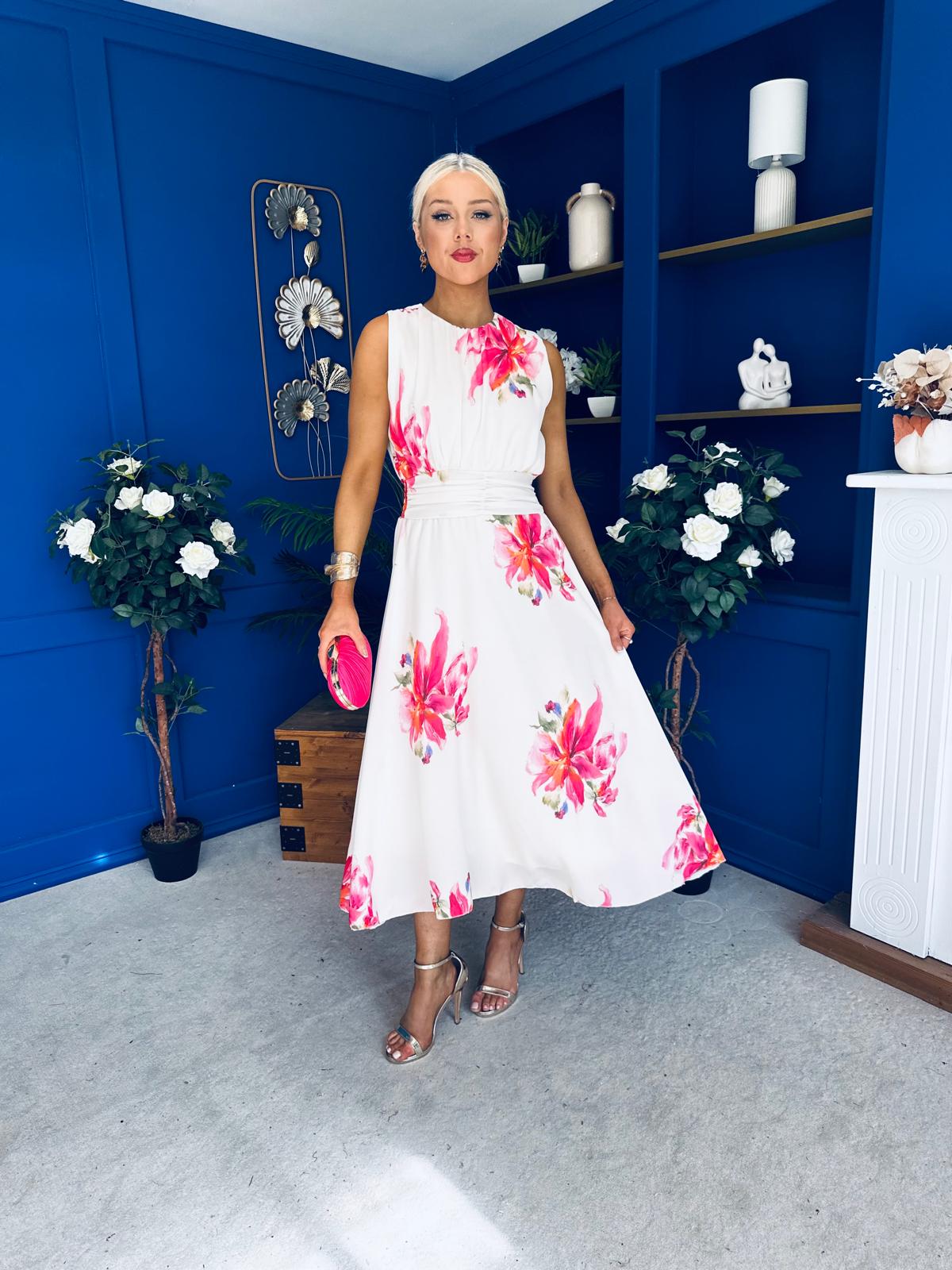 Layce Banded Midi Dress Floral Cream
