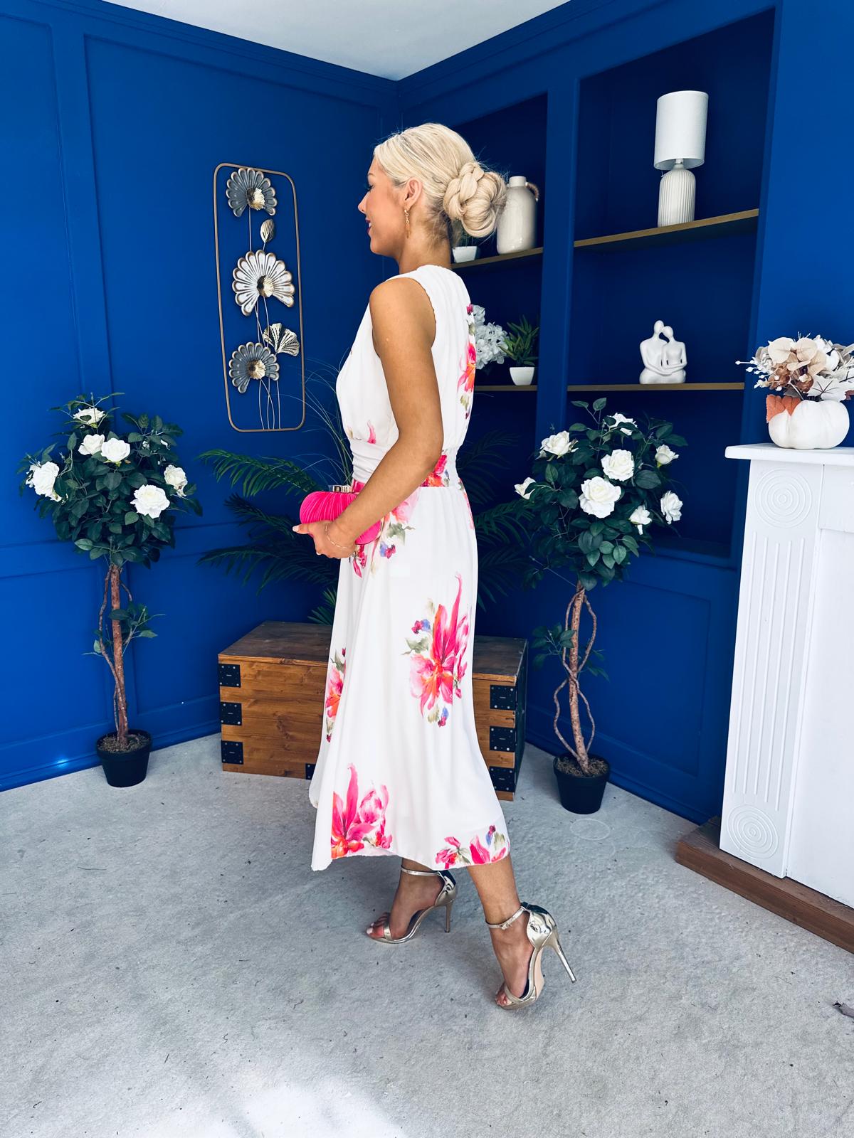 Layce Banded Midi Dress Floral Cream