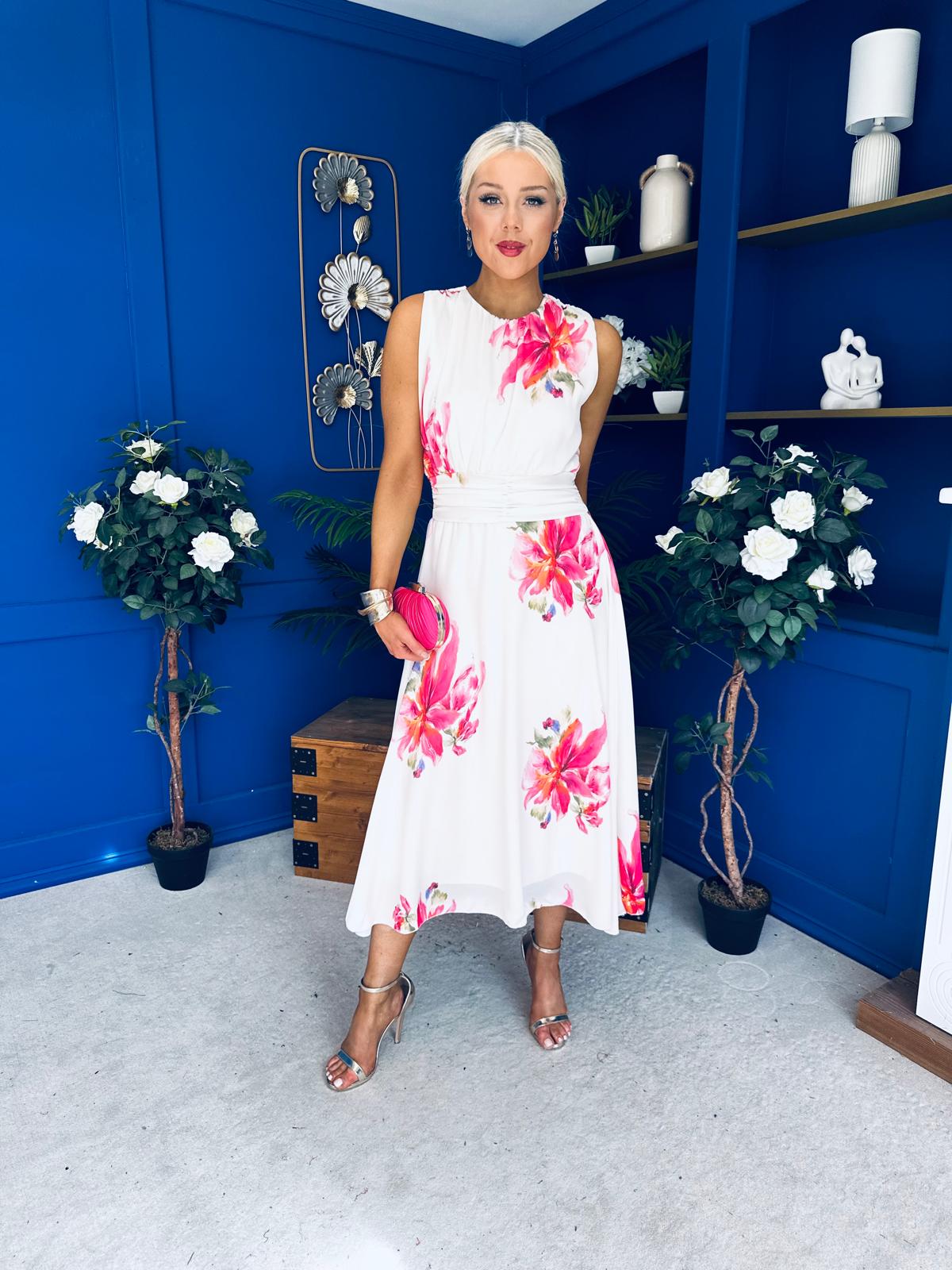 Layce Banded Midi Dress Floral Cream