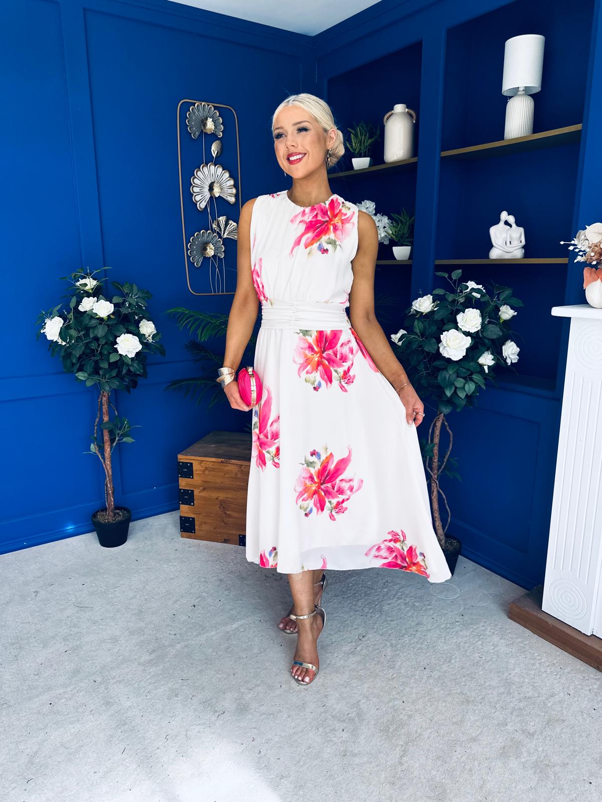 Layce Banded Midi Dress Floral Cream