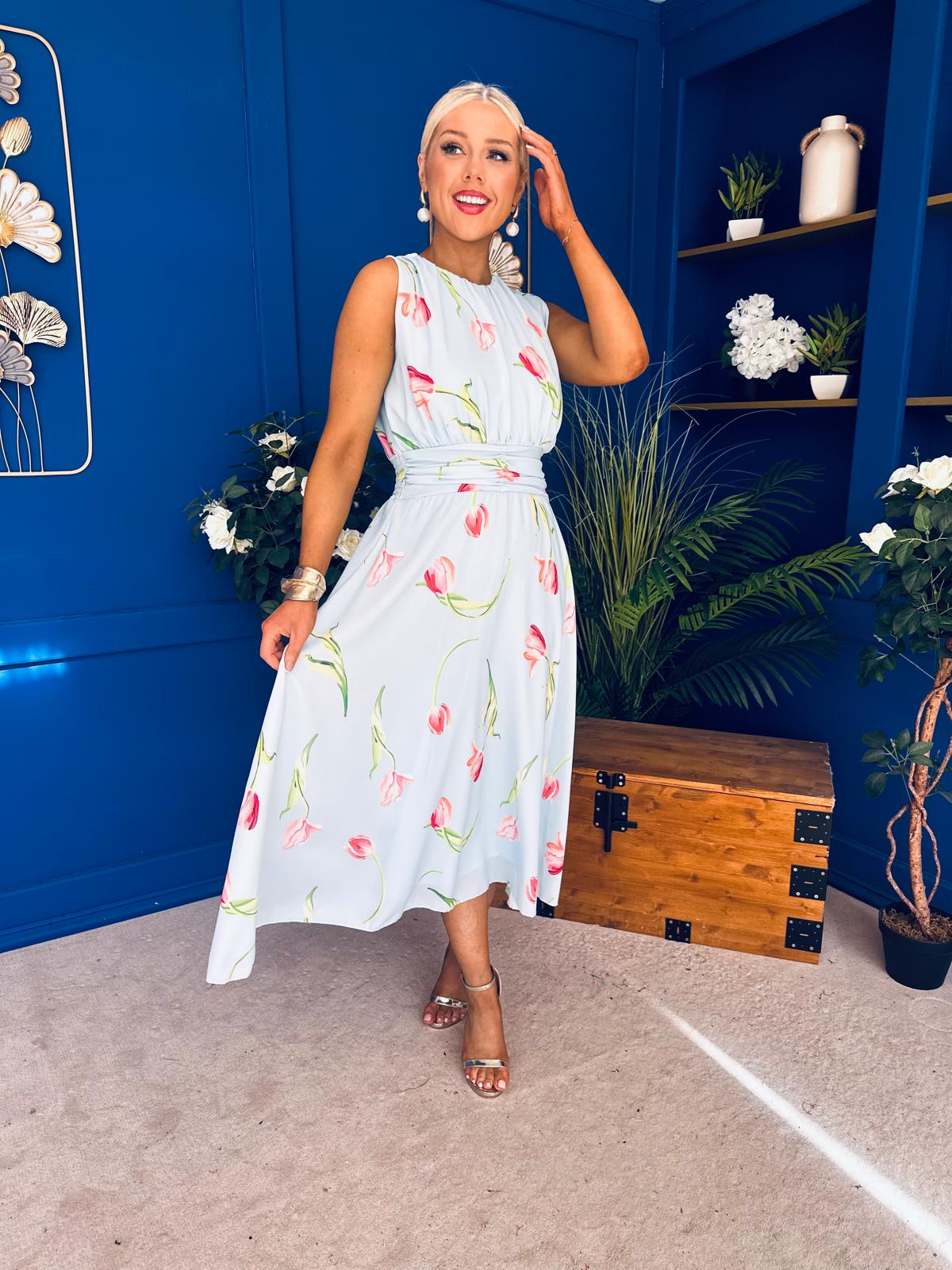 Layce Banded Midi Dress Floral Blue Pastel