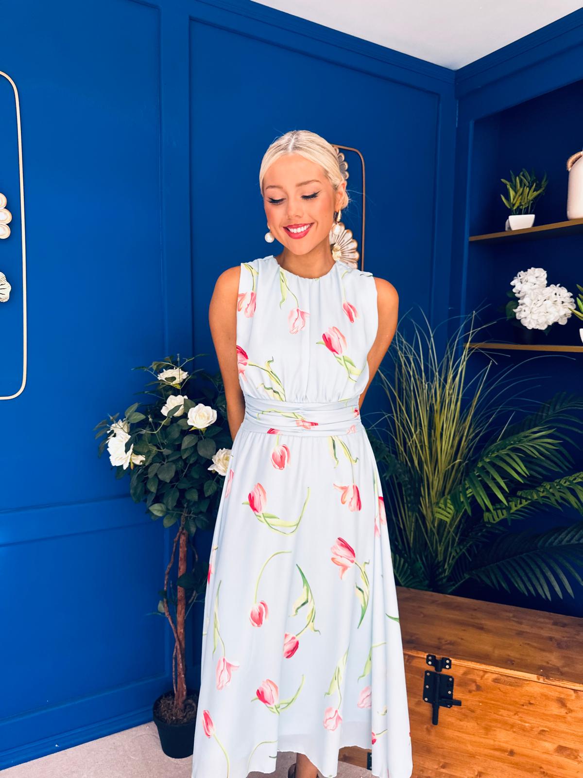 Layce Banded Midi Dress Floral Blue Pastel