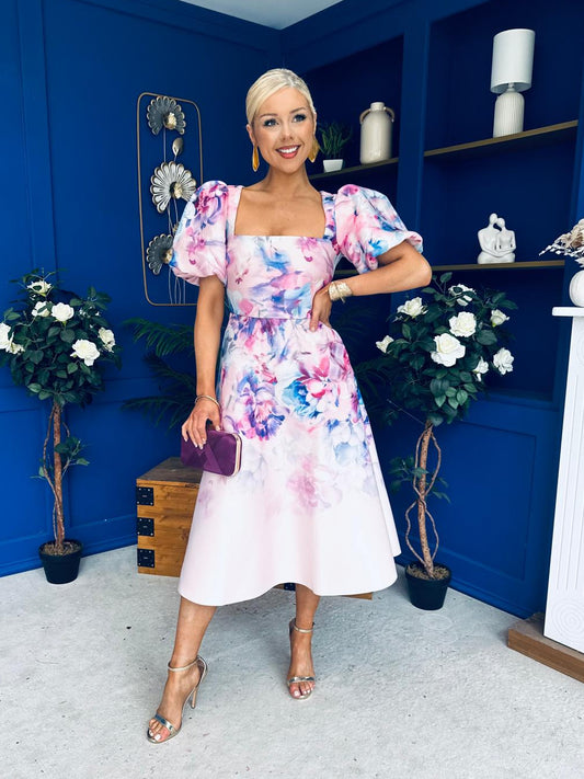 Tatum Square Neckline Skater Midi Floral Pink