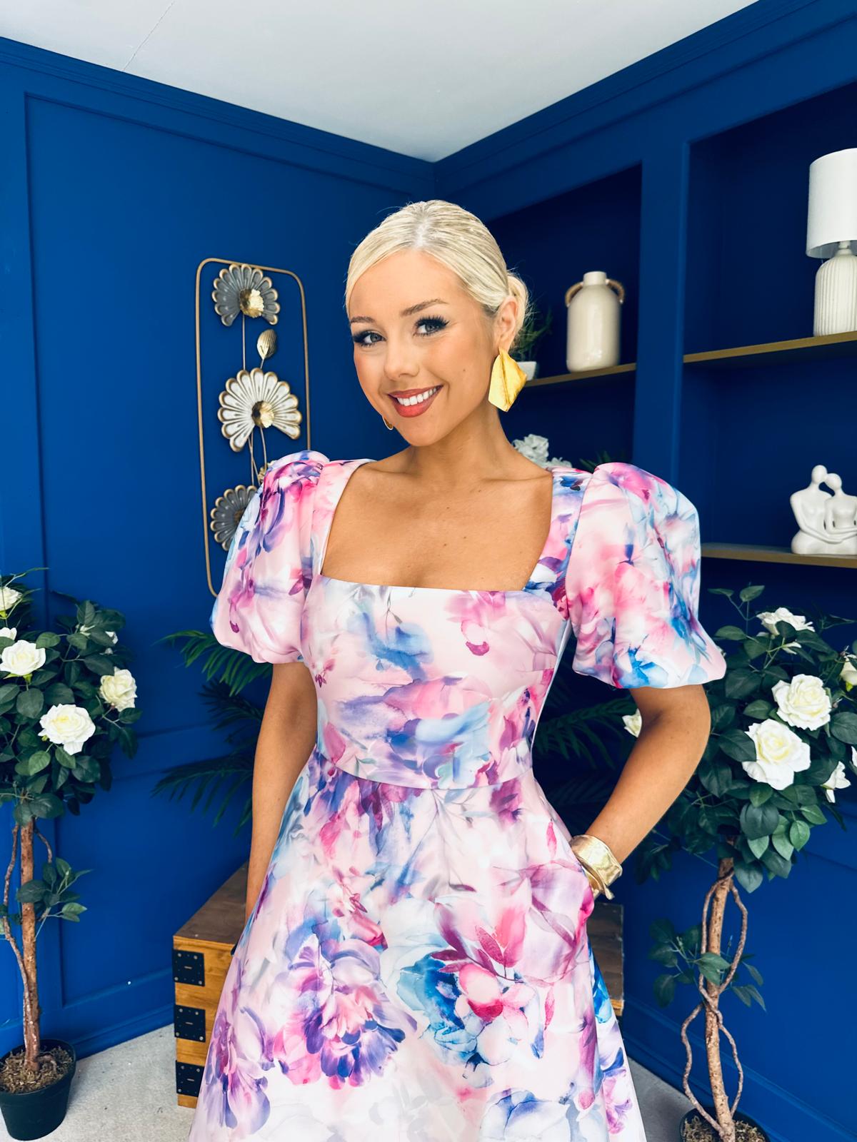 Tatum Square Neckline Skater Midi Floral Pink
