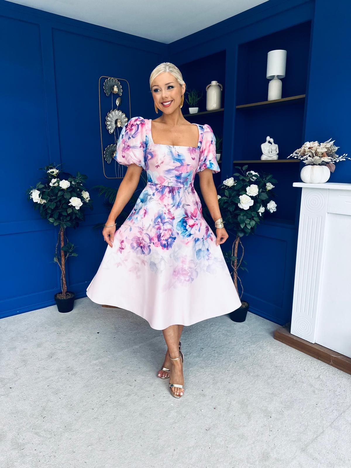 Tatum Square Neckline Skater Midi Floral Pink