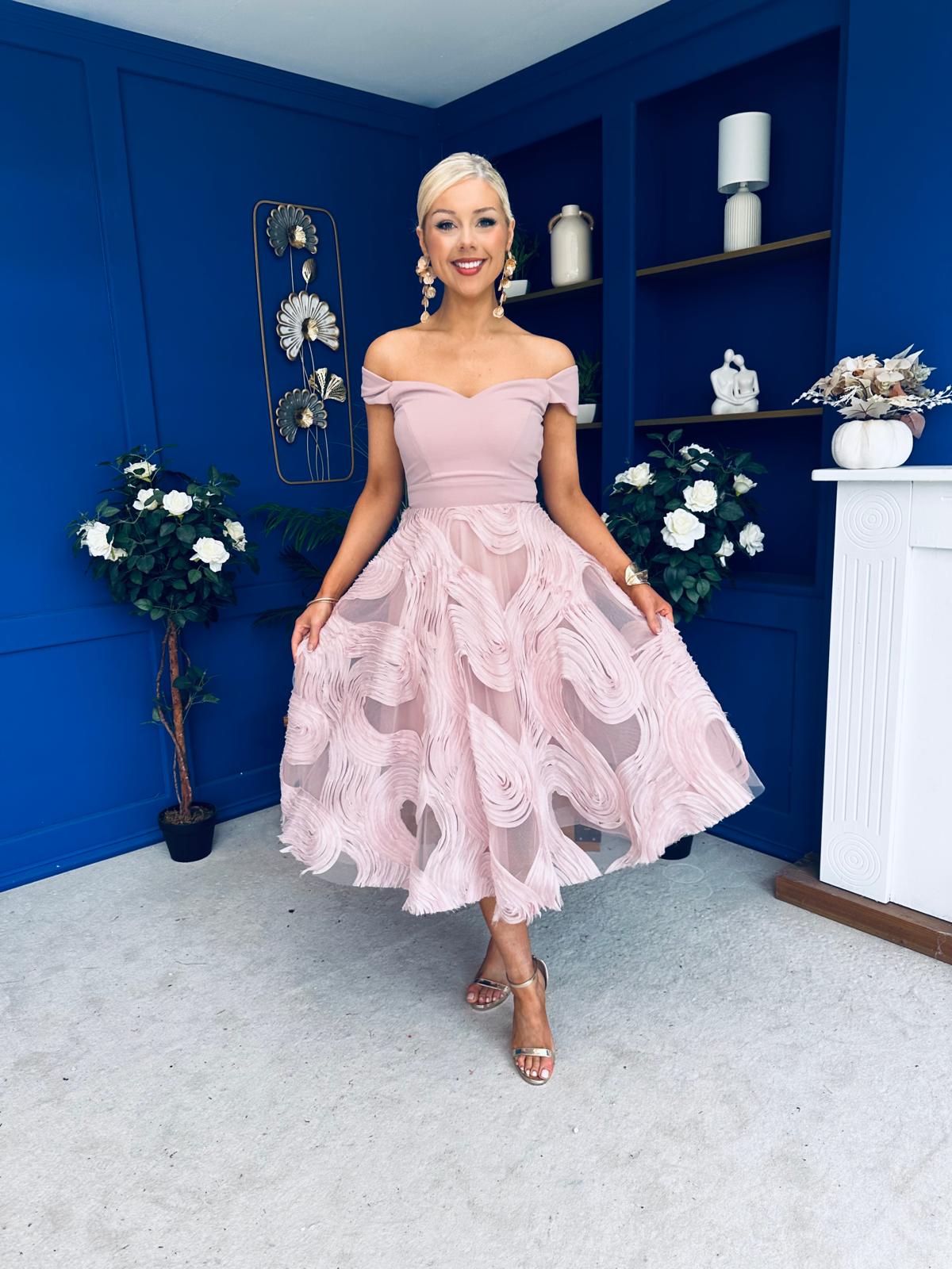Diana Detailed Bardot Occasion Dress Blush