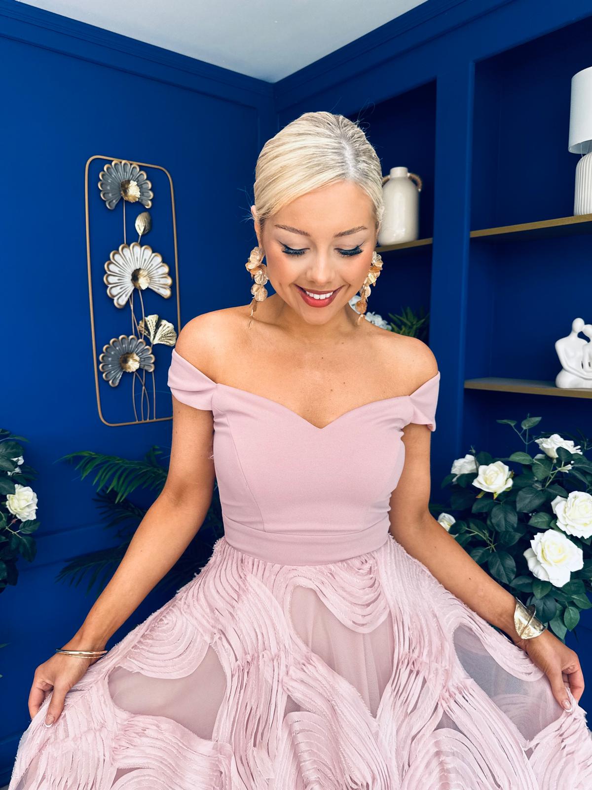 Diana Detailed Bardot Occasion Dress Blush