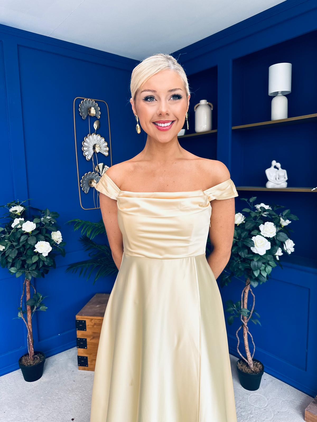 Palmer Bardot Satin Occasion Dress Yellow