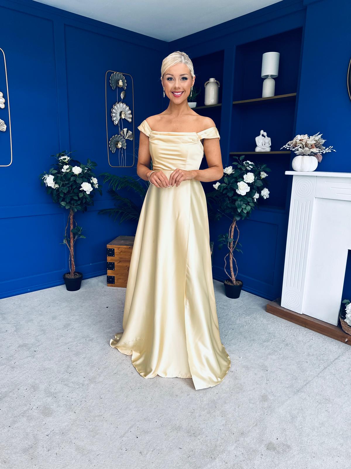 Palmer Bardot Satin Occasion Dress Yellow