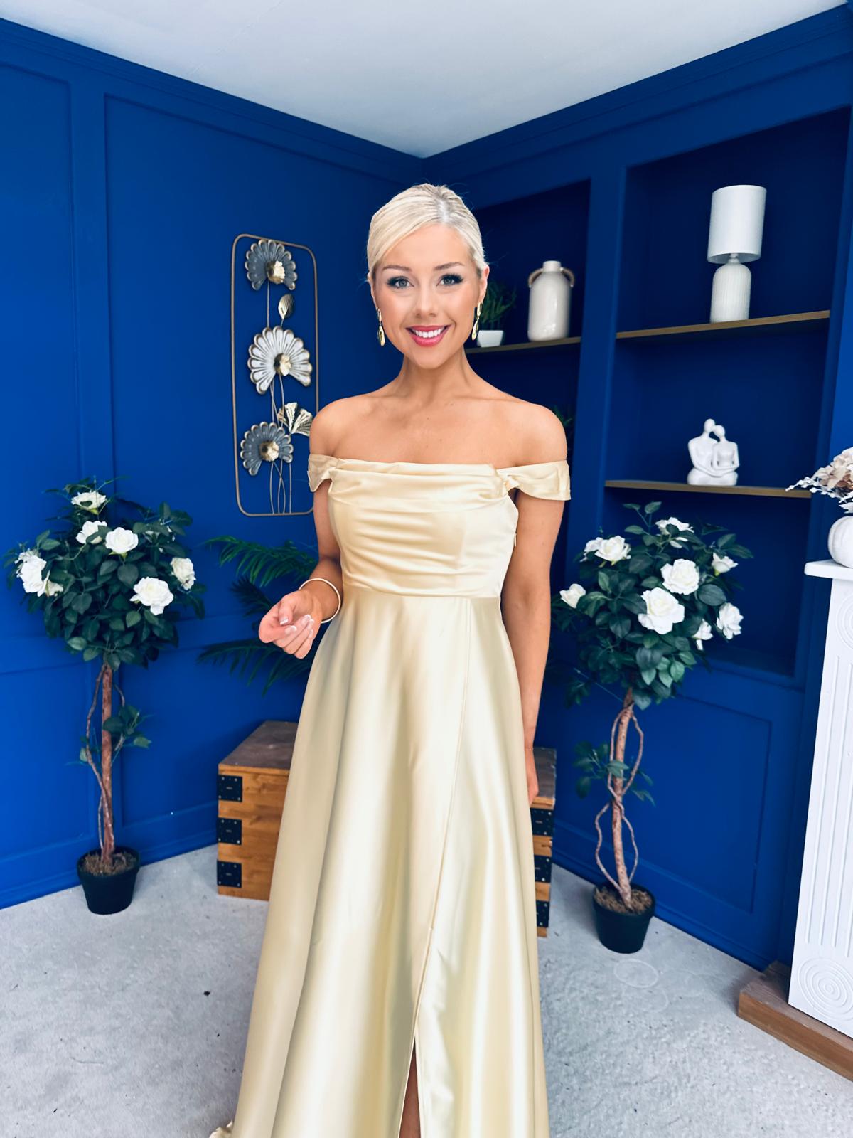 Palmer Bardot Satin Occasion Dress Yellow