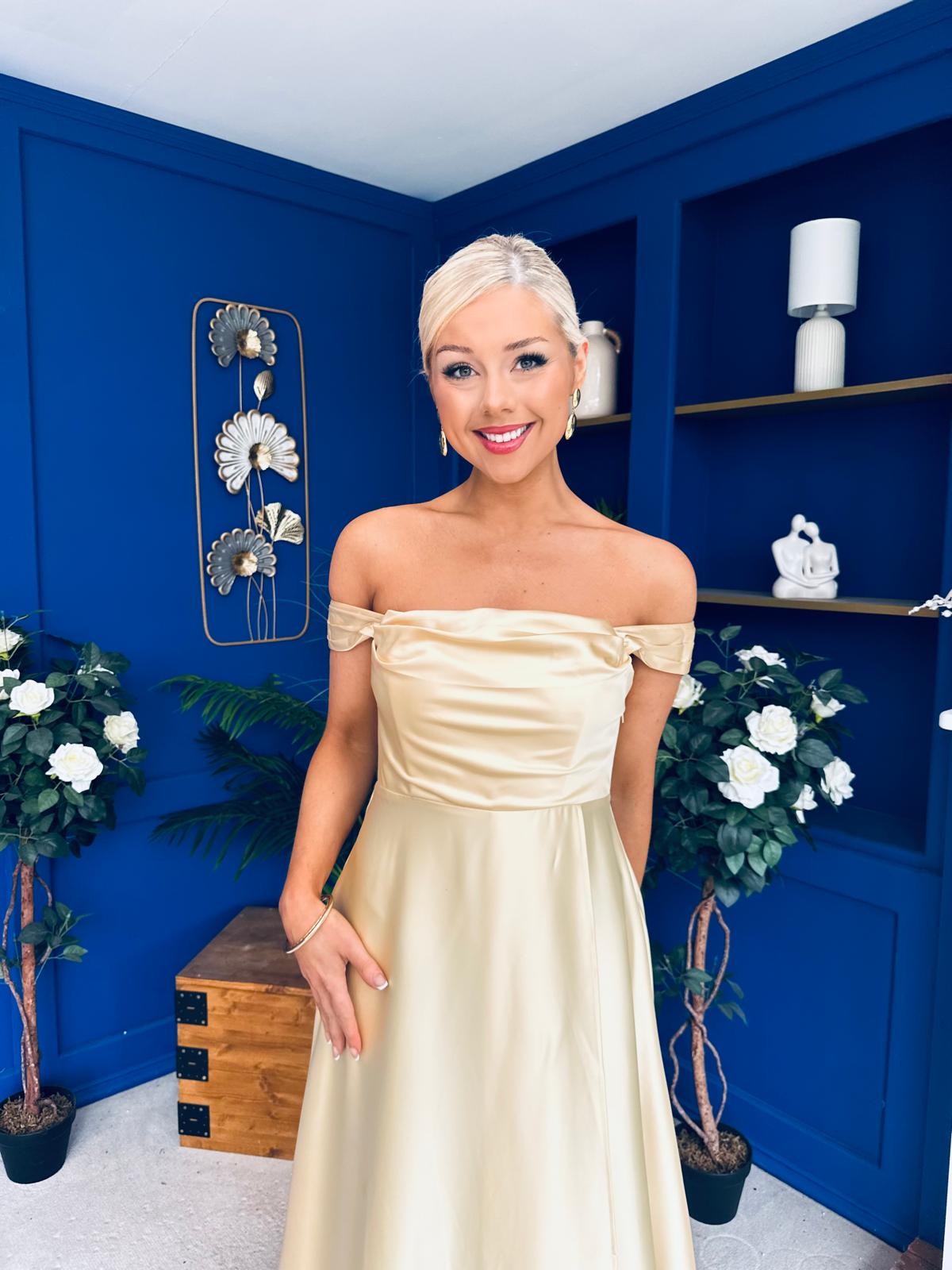 Palmer Bardot Satin Occasion Dress Yellow