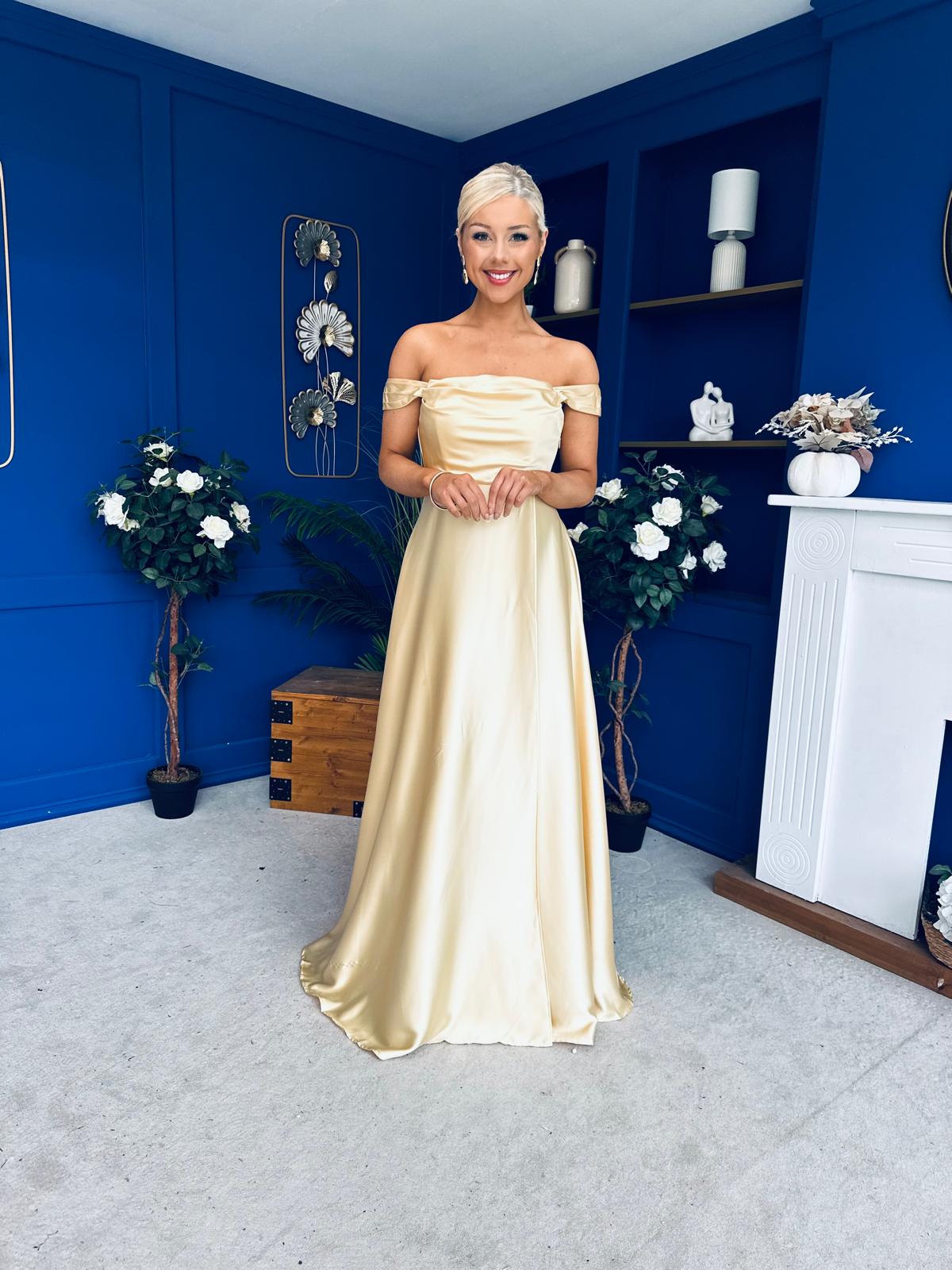 Palmer Bardot Satin Occasion Dress Yellow