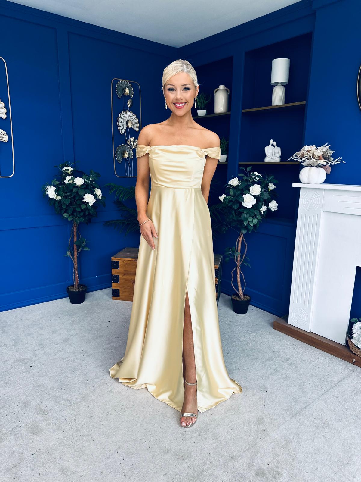 Palmer Bardot Satin Occasion Dress Yellow