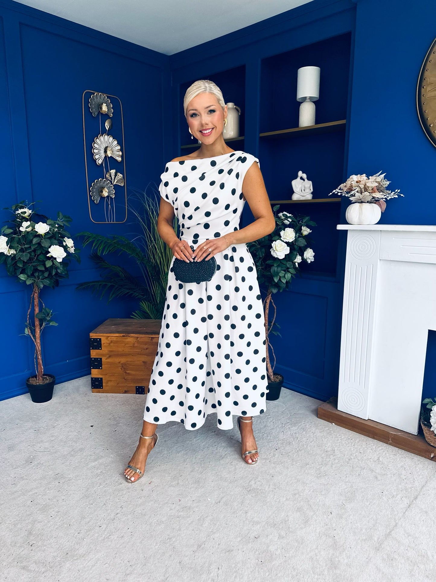 Breffy Asymmetric Neckline Skater Midi Black Polka White