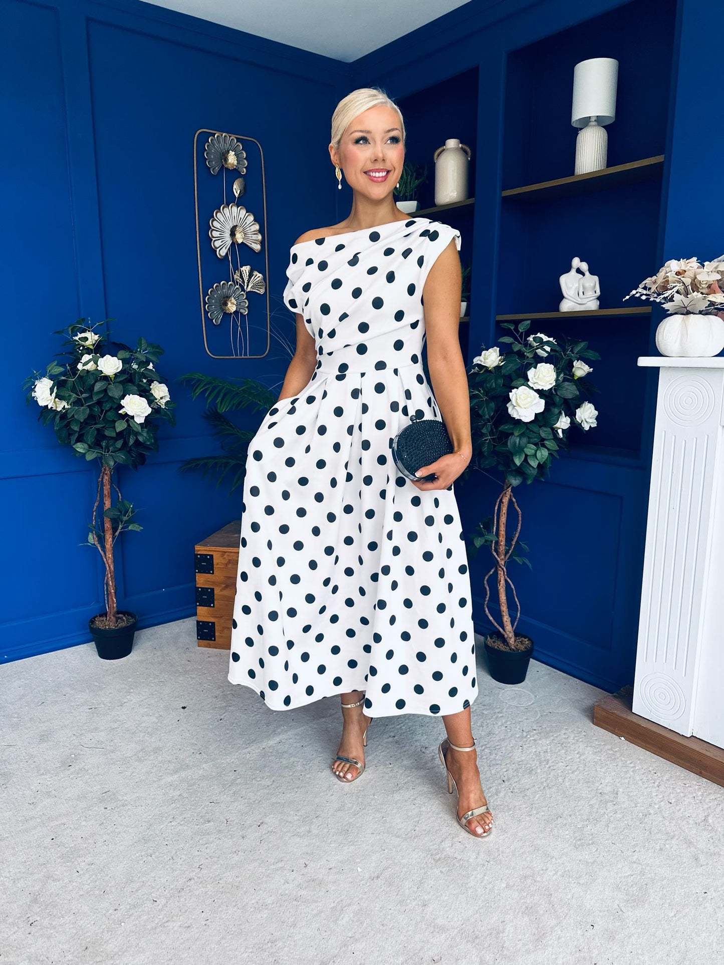 Breffy Asymmetric Neckline Skater Midi Black Polka White