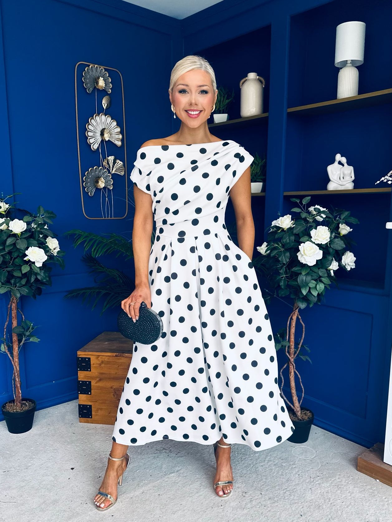 Breffy Asymmetric Neckline Skater Midi Black Polka White