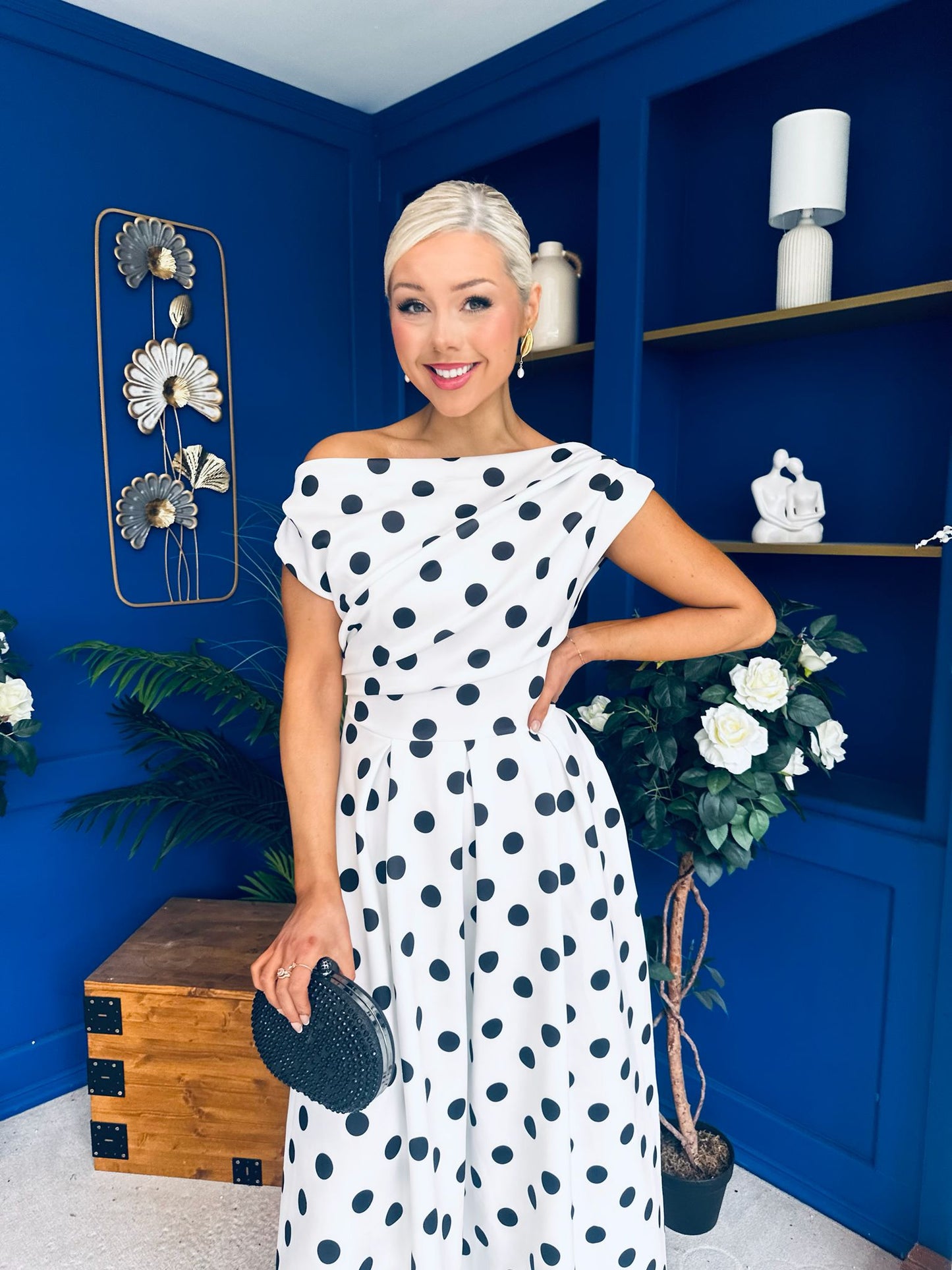 Breffy Asymmetric Neckline Skater Midi Black Polka White