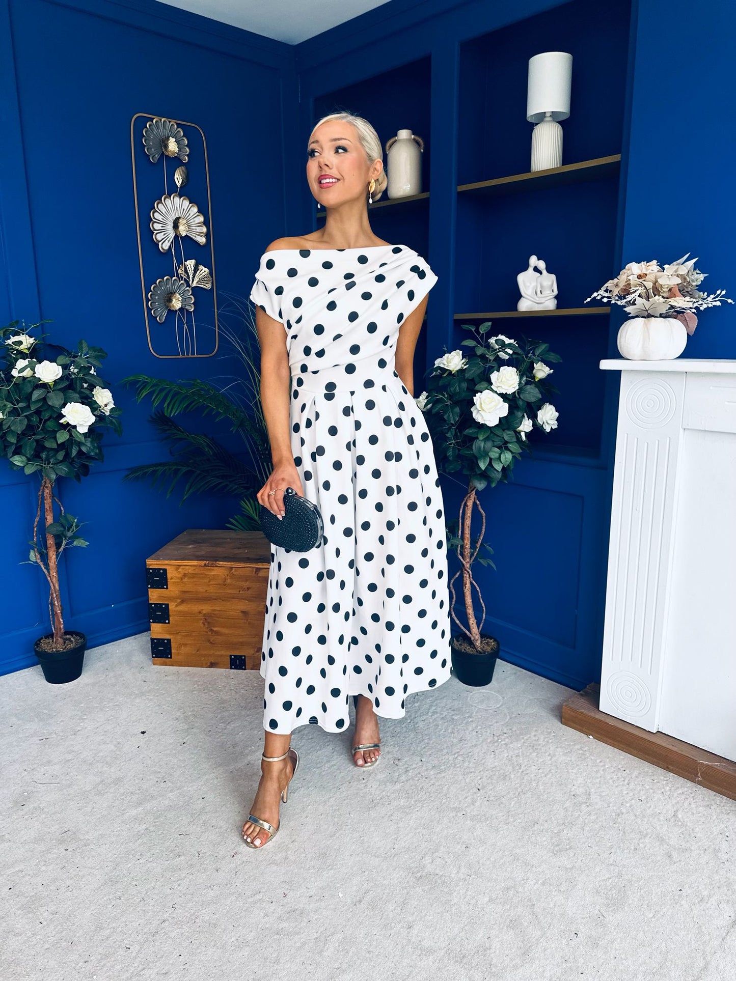 Breffy Asymmetric Neckline Skater Midi Black Polka White