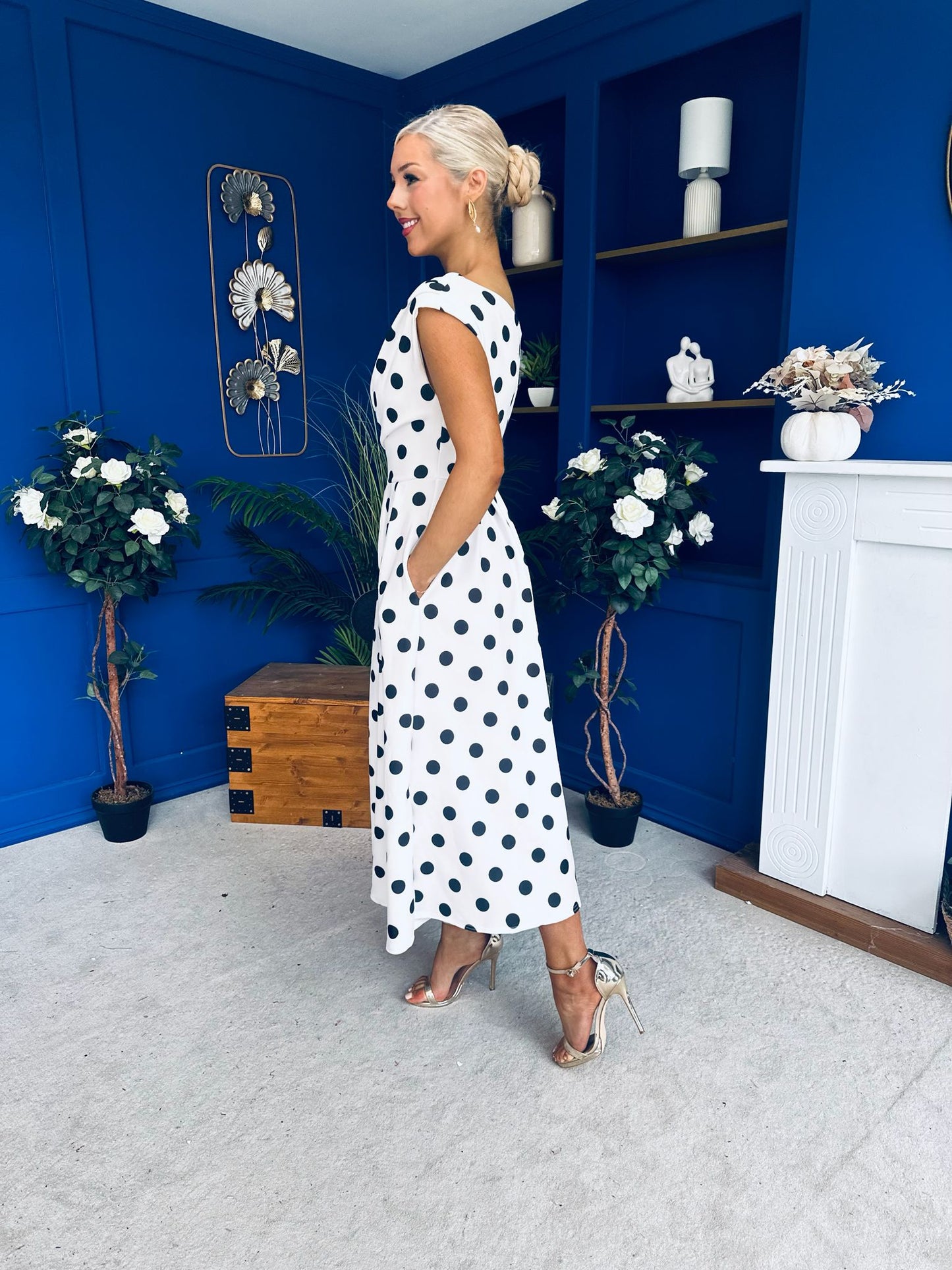 Breffy Asymmetric Neckline Skater Midi Black Polka White