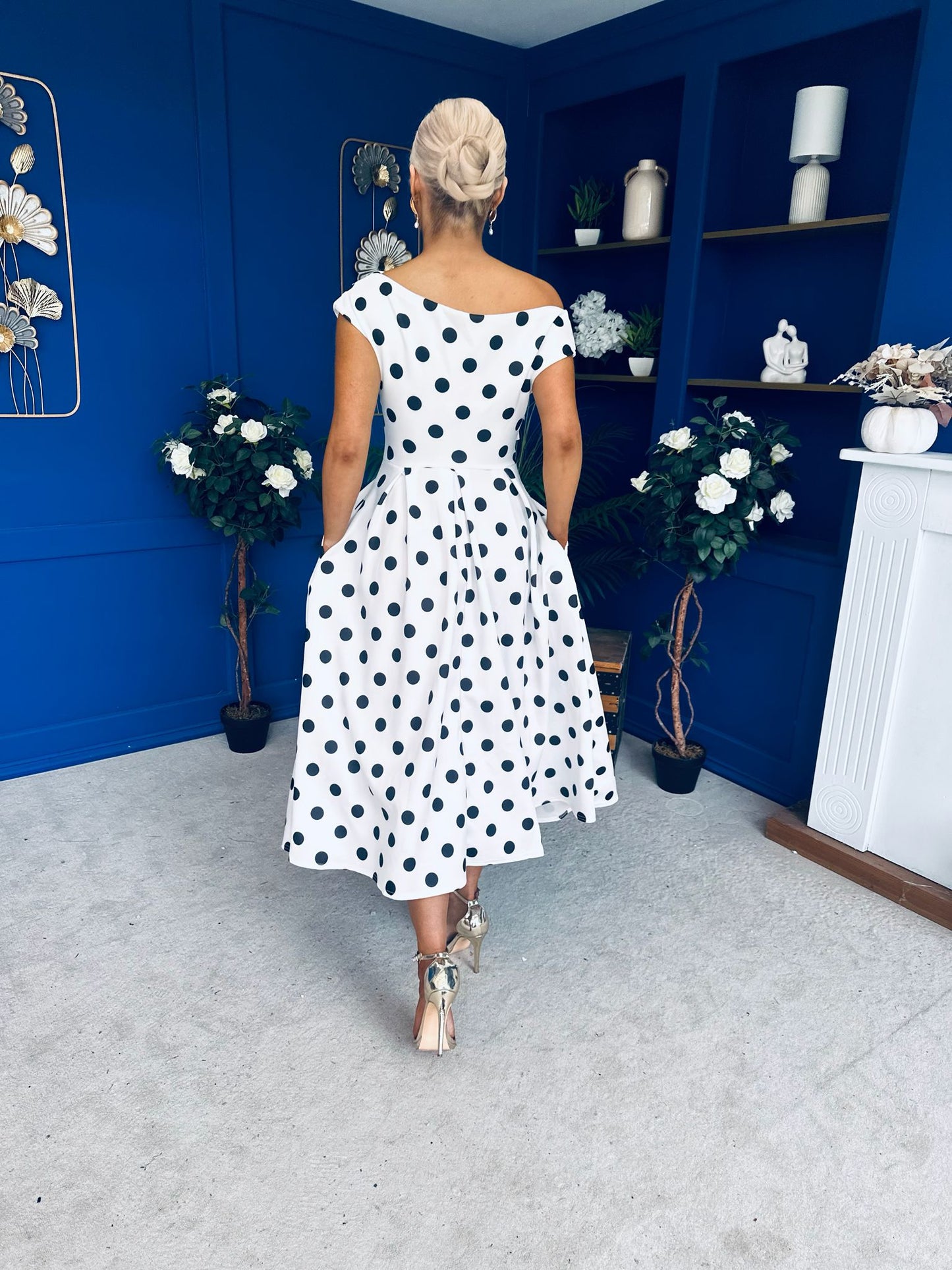 Breffy Asymmetric Neckline Skater Midi Black Polka White