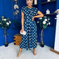Breffy Asymmetric Neckline Skater Midi Polka Navy