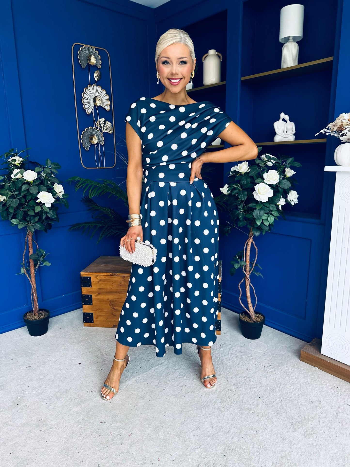 Breffy Asymmetric Neckline Skater Midi Polka Navy